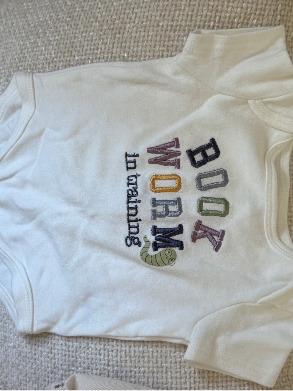 Kids White Bodysuit with Colorful 'Book Worm' Embroidery
